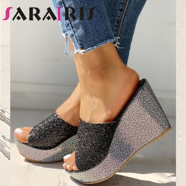 

open toe slip on high wedges sandals women platform party sandals ladies fashion bling summer shoes, Black