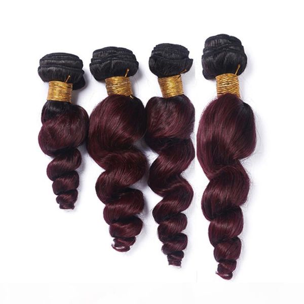 

brazilian burgundy ombre human hair weave bundles 4pcs lot loose wave #1b 99j wine red ombre virgin human hair wefts extensions, Black;brown