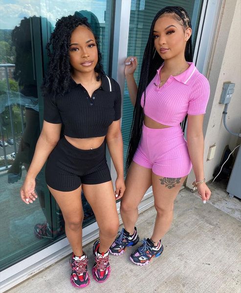 

casual two knit ribbed women tracksuits turn down collar short sleeve crop pants sportsuit solid color clothes for outfit, Gray