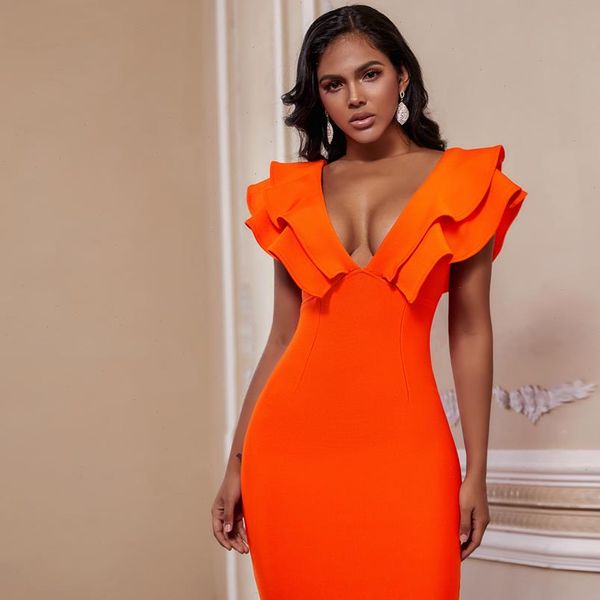

bandage dress 2021 new women orange deep v neck ruffles elegant bandage dresses bodycon backless club party dress, Black;gray