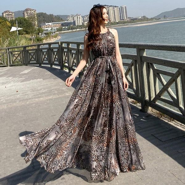 

casual dresses 2021 chiffon leopard print maxi dress bohemia full plus size celebrity/graduation/dinner flowy beach sundress, Black;gray