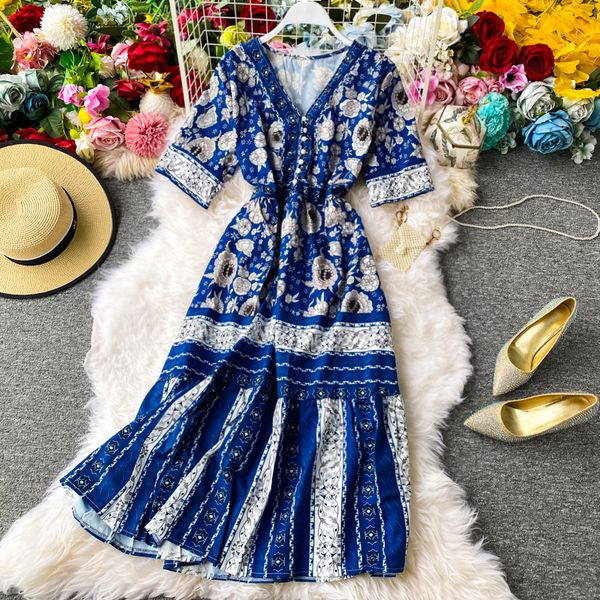 

2021 vintage kleid boho summer v neck slim bodycon es retro women floral print casual elegant ladies kneet y60w, Black;gray