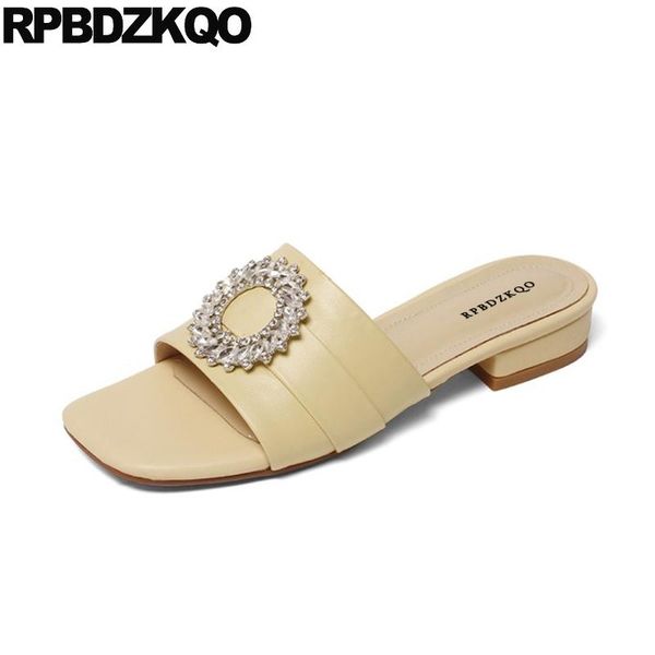 

sandals slides embellished crystal slippers bride shoes yellow diamond rhinestone women flat summer 2021 runway, Black