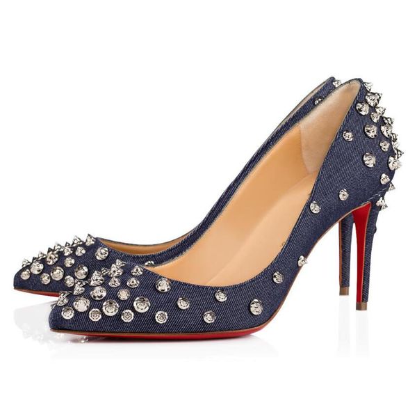 

blue denim leather women's spikes red bottom aimantaclou leather pointed toe pumps famous lady high heels -- party dress, Black