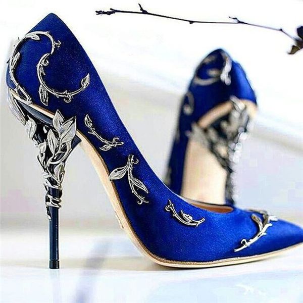 

new wedding shoes woman pointed toe high heel pumps satin witn hollow metal collocation stiletto heel party shoes35-41, Black