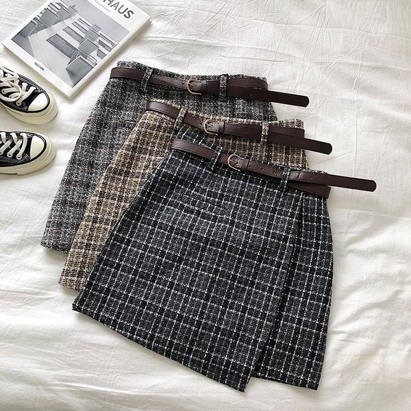 

korean irregular lady skirt female autumn sweet high waist a-line mini skirt vintage casual women plaid skirt chic sashes 210303, Black