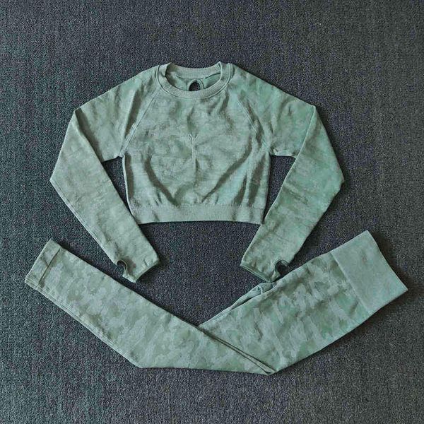 

yoga set women seamless fitness clothing sport long sleeves camouflage gym leggings pants suit workout sportswear, Black;white