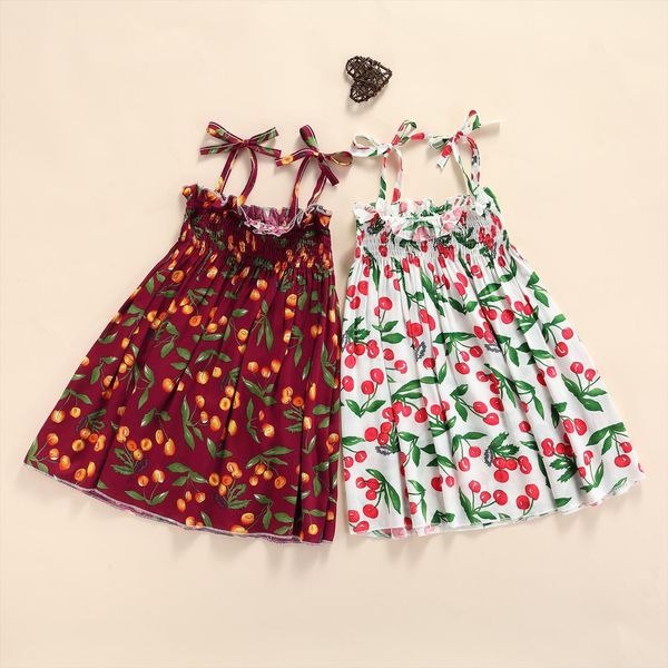 

9color 2 6years children girl dress sunflower print sling with ruffles girls large hem sleeveless lace up sundress, Red;yellow