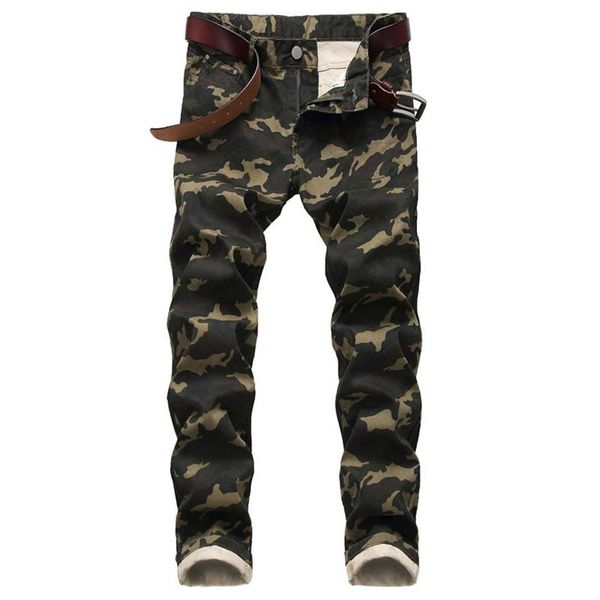 

men's jeans men slim stretch army green printed casual pants camo personality, Blue