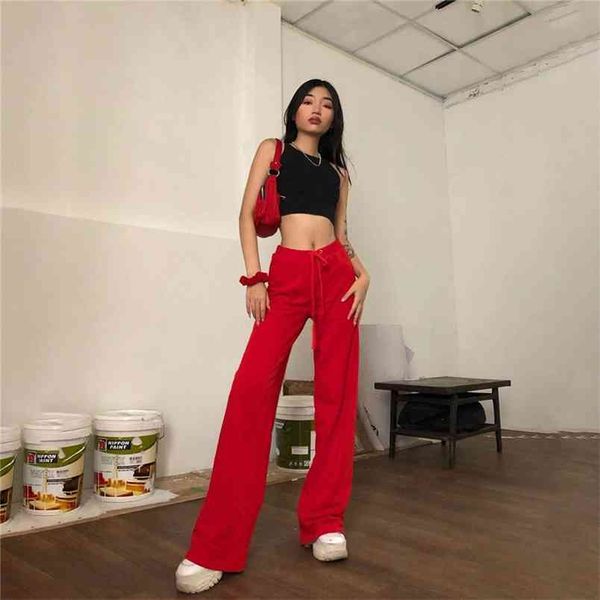 Herbst Hohe Taille Kordelzug Boot-cut Streetwear Frauen Stickerei Breite Bein Jogger Hosen Mädchen Schwarz Rot Casual Baggy 210604