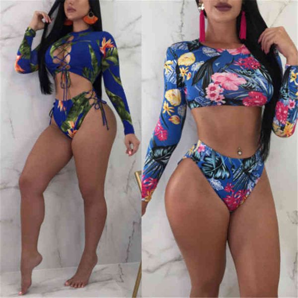 

women long sleeve floral crop bikini set push-up bandage swimwear bathing suit, White;black