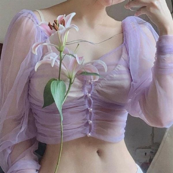 

women romantic purple daily casual long puff sleeve v neck buttoned ruched transparent mesh sheer fairy crop t-shirt tee, White