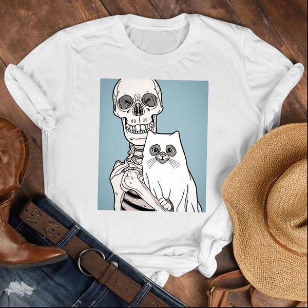 

women lady printed skull smile cartoon 90s horror fashion shirt tshirt female print t tee womens graphic t shirt, White