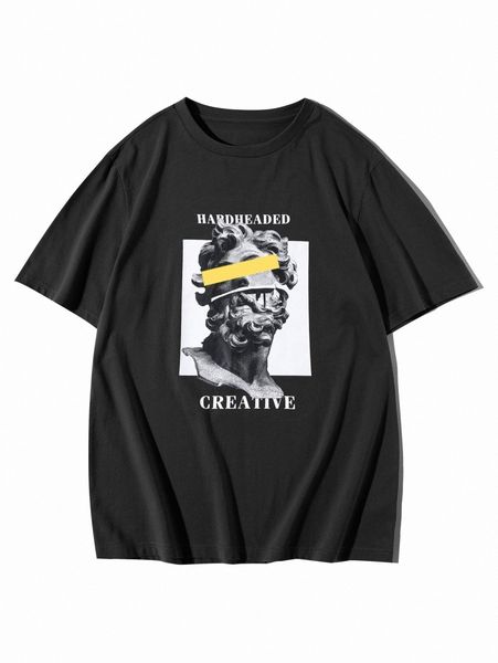 

men statue & slogan print tee w9yx#, White;black