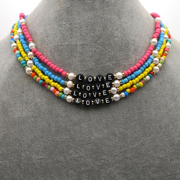 

chains bohemia colorful resin bead asymmetry natural freshwater pearl letter love necklace for women girl party travel jewelry 2021, Silver