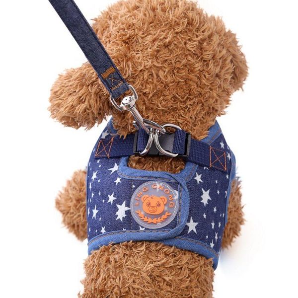 

dog collars & leashes denim jacket stars soft puppy harness+leash set pet traction vest chest walking fabric british style 1