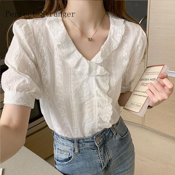 

women's blouses & shirts on you 2021 spring arrival leisure v collar short sleeve women chiffon blouse, White