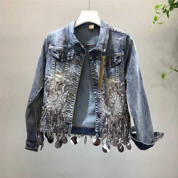 

women's jackets streetwear sequins beading tassel women denim jacket 2021 autumn embroidery outwear casual fashion cool girl coat jean, Black;brown