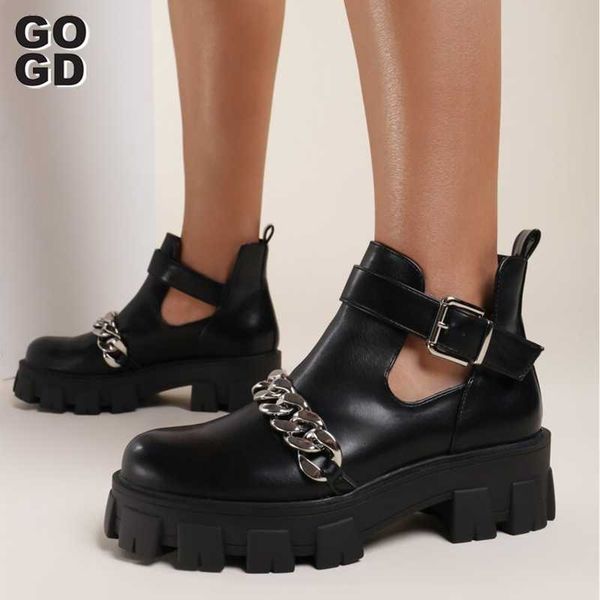 

boots [gogd] 2021 fashion rivet shoes woman buckle strap ladies chunky heels female punk rome footwear women ankle women's, Black