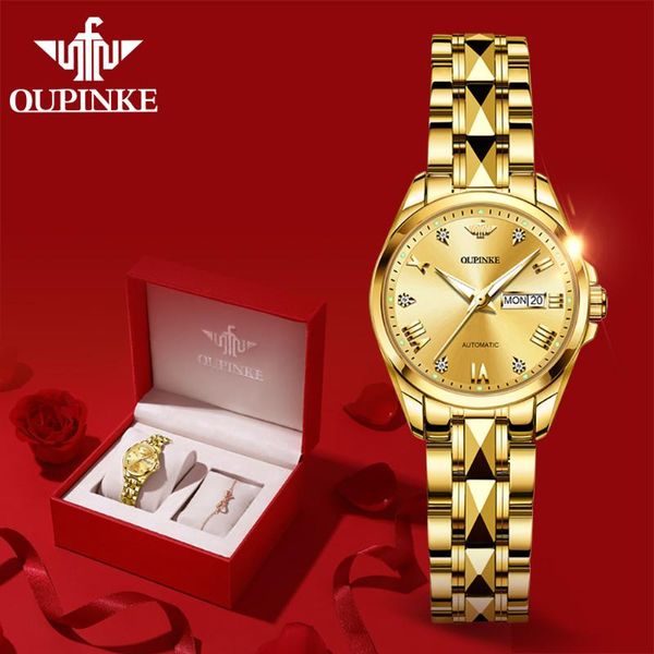 

wristwatches oupinke gold watch women's watches luxury women mechanical sapphire glass ladies automatic wrist montre femme g3171, Slivery;brown