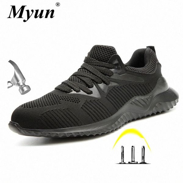 

men's fashion mesh light & comfortable steel toe anti smashing work shoes male spring autumn puncture proof safety boots b2z7#, Black