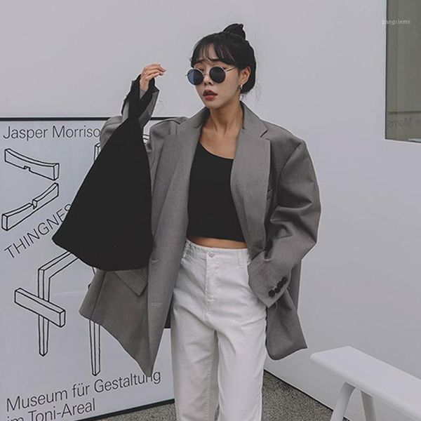 

women's suits & blazers korea 2021 vintage fashion loose gray oversize grey suit spring casual coat for women yj105, White;black