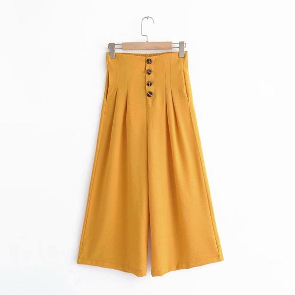 

women's pants & capris women elegant solid linen wide leg elastic waist pockets buttons fashion female summer ankle length trousers, Black;white