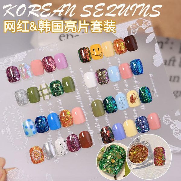 

nail glitter 6pcs art korea sequins laser luminous powder mixed hexagonal japanese patch decoration set, Silver;gold