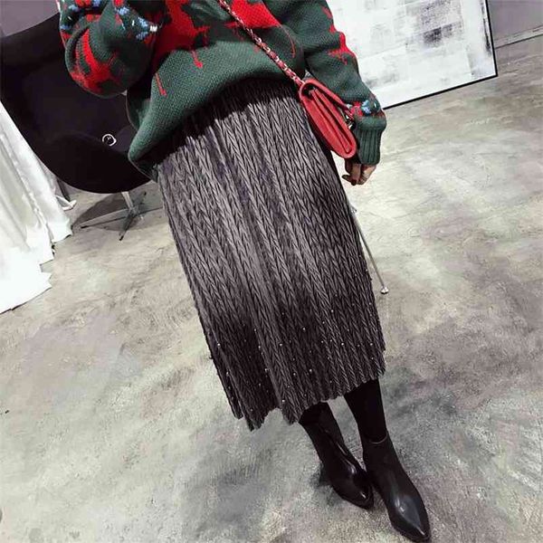

spring and autumn korea thicken velvet skirt beaded retro waisted pleated 210527, Black