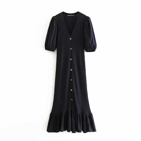 

summer women stretch dress short puff sleeves elegant casual fashion chic lady woman knitted midi dress 210709, Black;gray