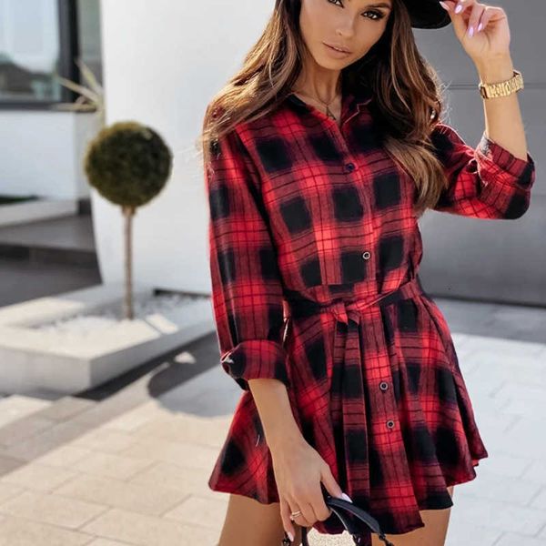 

casual dresses women autumn winter plaid mini turn-down collar long sleeve button up belt a-line shirt es sah3, Black;gray