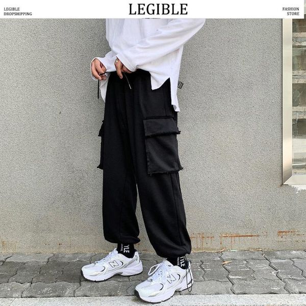 

men's pants cargo men multi-pocket mens elastic waist harem pant hip hop casual loose ankle-length, Black