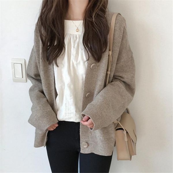 

women's knits & tees 2021 sweater fall soft cotton knit tide korean casual simple solid color fashion jacket women vintage cardigan v n, White