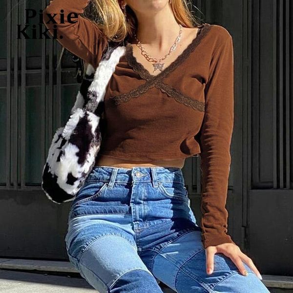 

women's t-shirt pixiekiki y2k crop brown egirl 80s t shirt cute solid color lace trim v neck long sleeve spring 2021 p67-bh13, White