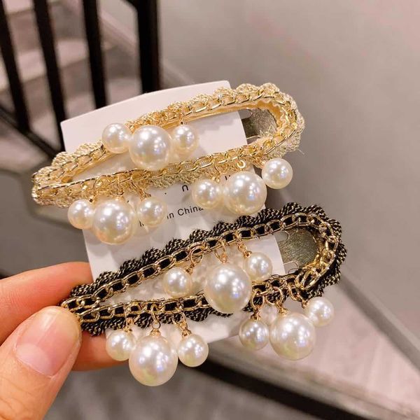 

classic pearl metal chain hair accessories bb clip for women girl bangs word design pin jewelry barrette, Golden;silver