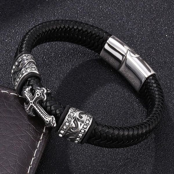 

charm bracelets retro cross stainless steel accessories black braided leather bracelet men magnetic buckle jewelry pulsera masculina, Golden;silver