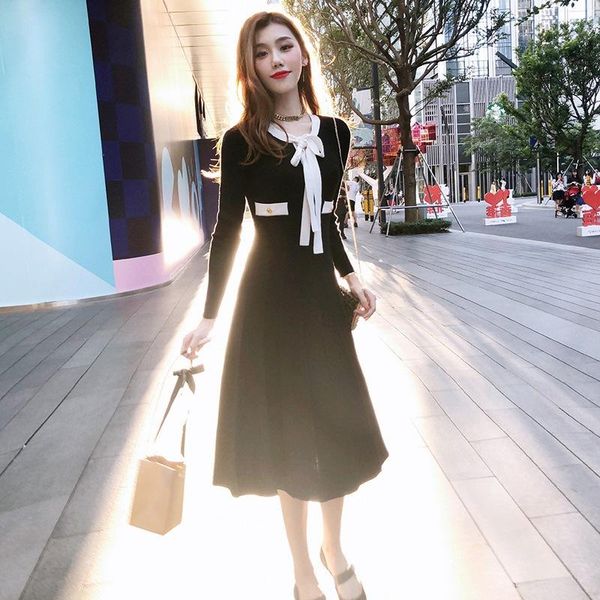 

casual dresses knitted dress women high waist slim black autumn winter bow tie neck vintage female a-line buttons vestido de mujer 2021, Black;gray