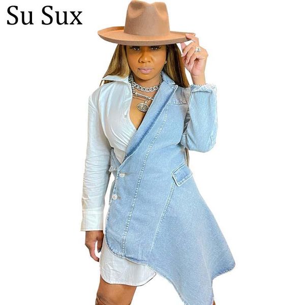 

casual dresses denim patchwork irregular blazer dress women jean turn down collar long sleeve mini vestidos 2021 autumn, Black;gray