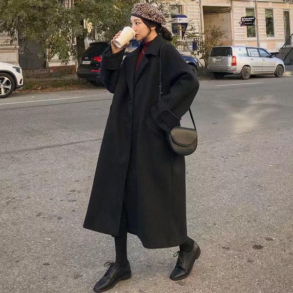 

women's wool & blends [ewq] woman long coat fashion korea retro versatile windbreaker casual warm woolen oversize 2021 winter 16e3337, Black