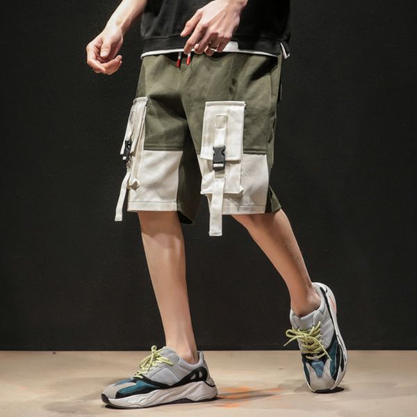 

new 2021 fashion patchwork men pockets cargo ribbons workout short joggers casual streetwear hip hop knee-length shorts homme 7v4q 4nvw, White;black