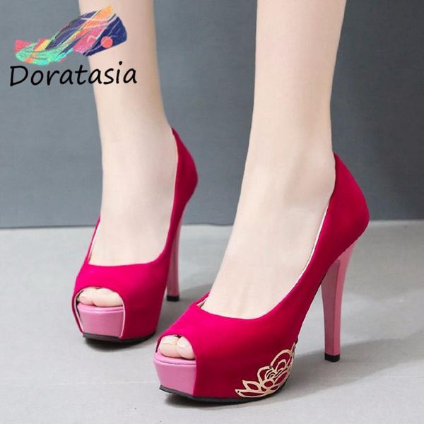 

doratasia women solid slip on platform open toe shoes thin high heel elegant wedding office sandals women sandals, Black