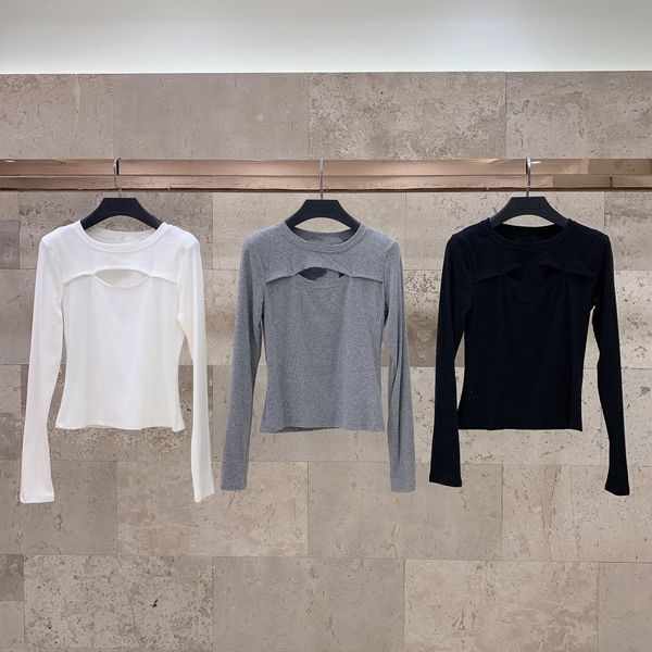 

women designer t shirt2021 new fake two pieces solid color hollowed out versatile slim long sleeve round neck top, White