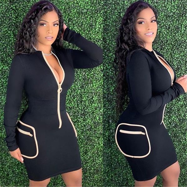

casual dresses longs sleeves zipper bodycon mini dress autumn women fashion side pocket party clothes bandage vestidos, Black;gray