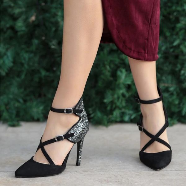 

black sweater, evening gown, shoes buco