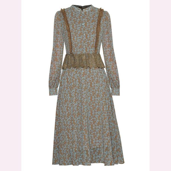 

casual dresses est nice runway dress women's lantern sleeve printed lace chiffon with standing collar, Black;gray