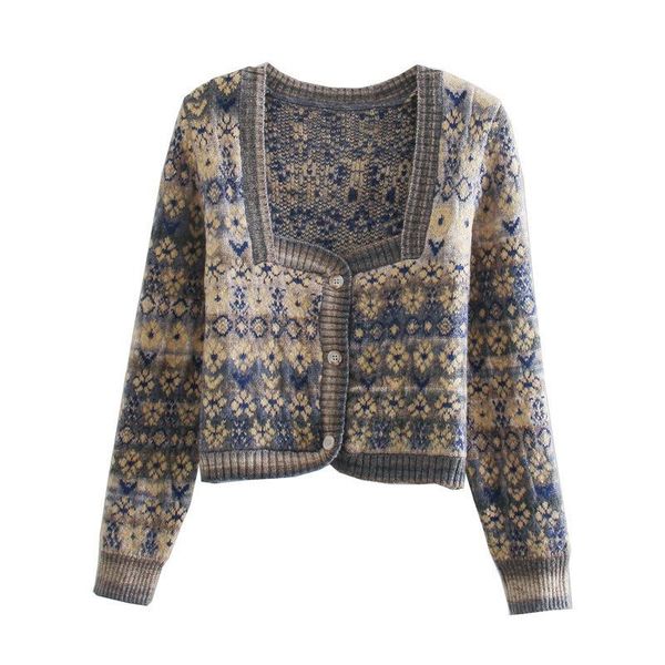 

retro bohemian style square neck cardigan women knitted sweater short pull femme jersey mujer, White