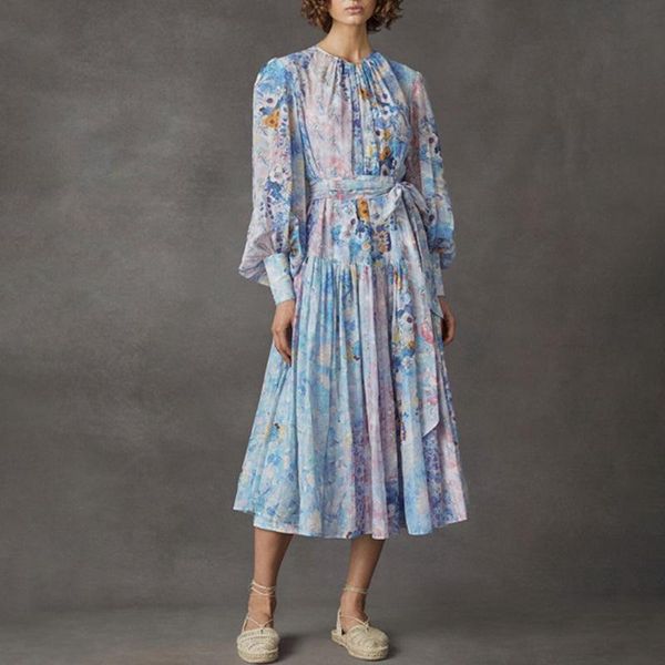 

casual dresses 2021 autumn designer fashion tie dye dress women vintage lantern sleeve long with sashes high quality, Black;gray