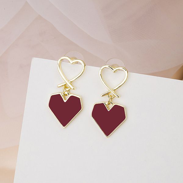 

wine red sweet peach heart earrings s925 silver needle exquisite creative love earrings aesthetic, Golden