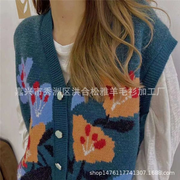 

autumn winter sleeveless sweater women's cardigan loose flower vest v-neck, White