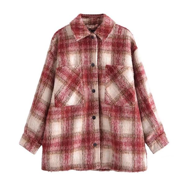 

women's wool & blends lattice children's woolen thickened shirt oversized 2021 coat jacket ladies loose autumn and winter chic top, Black